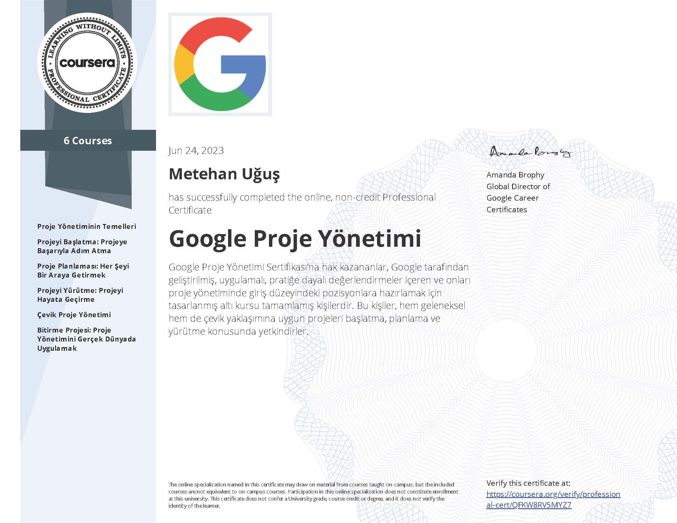 Google Proje Yönetimi Uzmanlaşma Sertifikası